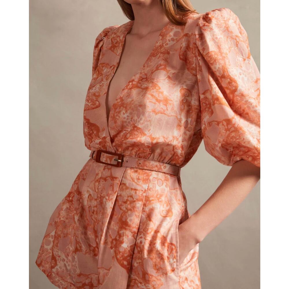 Orange Pink Adriana Degreas Bulles De Mer Puff Sleeve Playsuit S